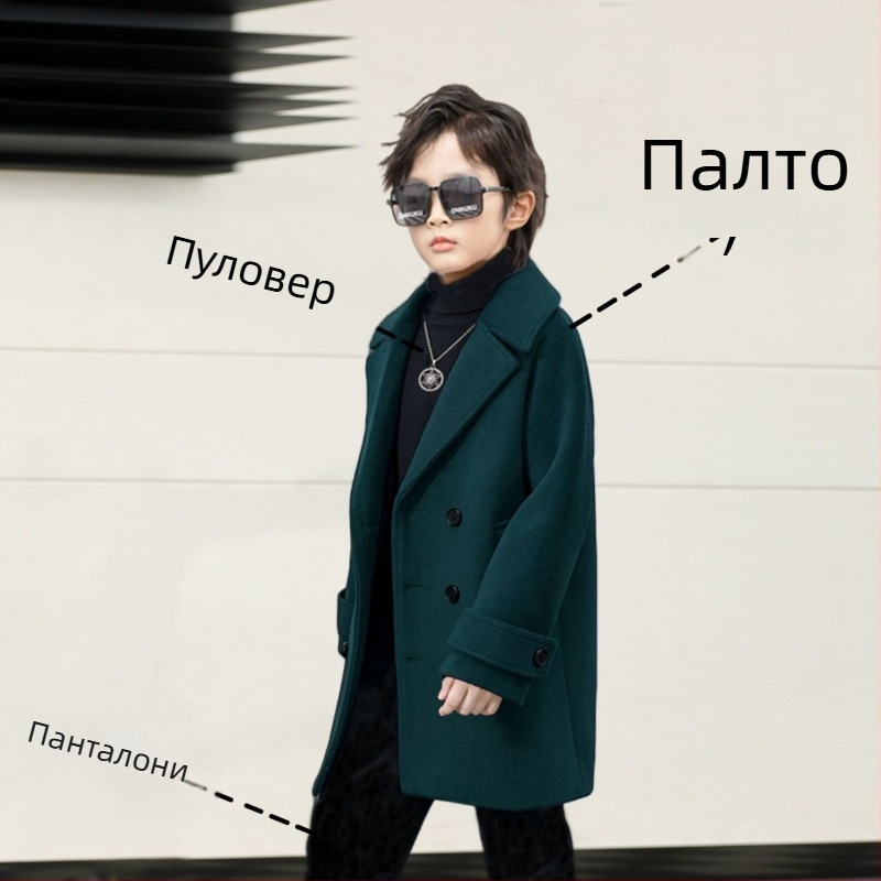 Вълнено палто за момчета, памучно и удебеляващо, есенно и зимно вълнено палто, детско топло вълнено палто в корейски стил с ревер