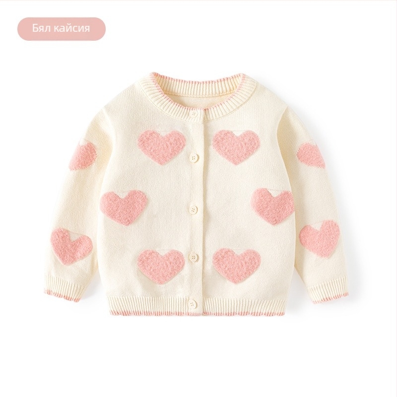 Мек и восъчен бебешки пуловер Little Heart от чист памук Категория a Есенно-зимен пуловер за момичета, плетен бебешки кардиган, връхно облекло