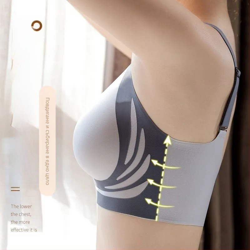 Ново лятно бельо от ледена коприна без изрязване, дишащо бельо за жени, красив сутиен с повдигащ механизъм и против увисване на гърба