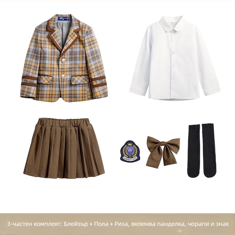 Пролетни и есенни дрехи за ученици от начално училище, британски колежански стил, училищна униформа, детска градина, градински дрехи, детски кариран костюм, пола