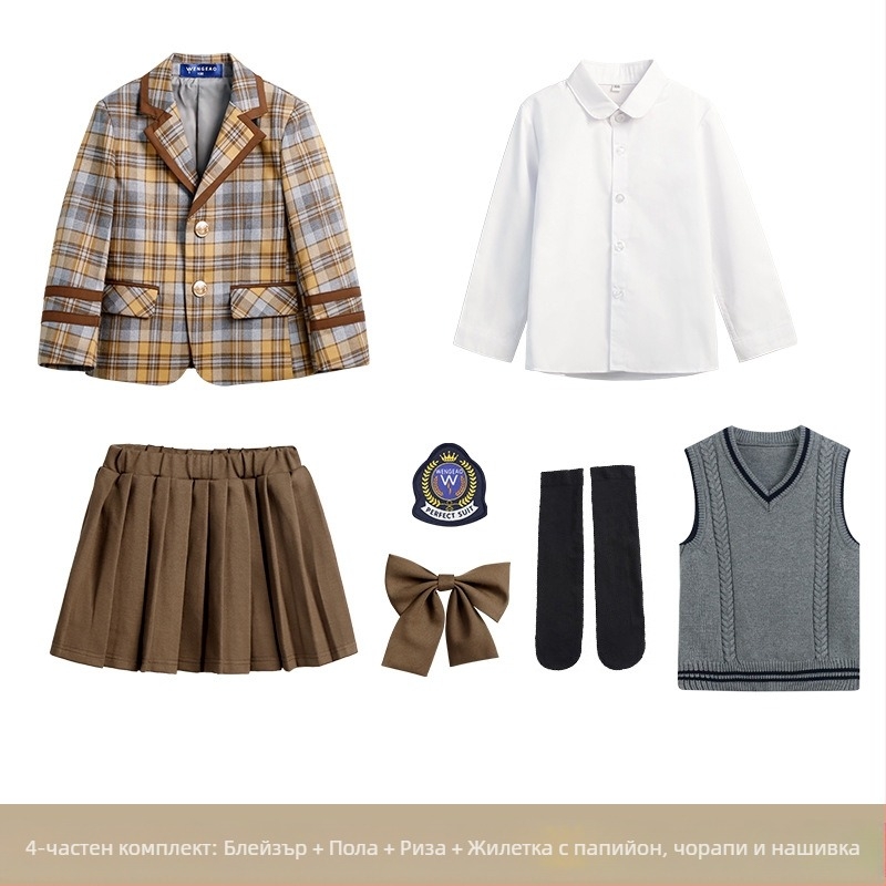 Пролетни и есенни дрехи за ученици от начално училище, британски колежански стил, училищна униформа, детска градина, градински дрехи, детски кариран костюм, пола