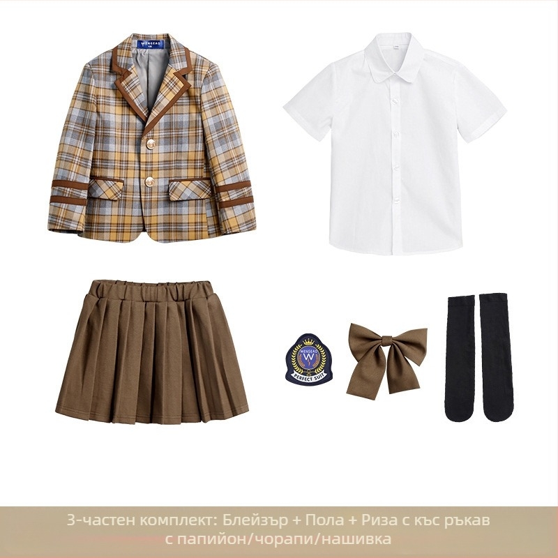 Пролетни и есенни дрехи за ученици от начално училище, британски колежански стил, училищна униформа, детска градина, градински дрехи, детски кариран костюм, пола