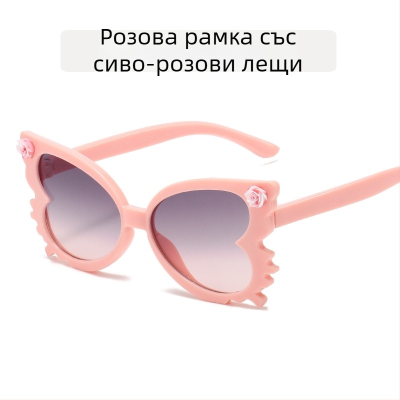 Сладки бебешки слънчеви очила с цвете, дамски модни детски очила с цвят на бонбони, модерни детски декоративни слънчеви очила с форма на пеперуда