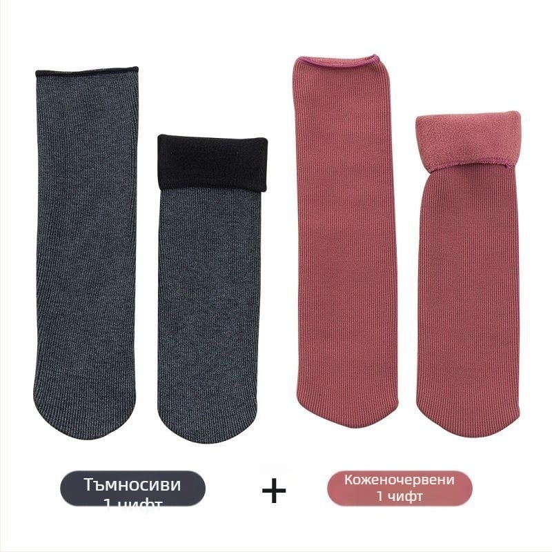 Дамски снежни чорапи с поларена подплата, дебели вълнени чорапи до средата на прасеца, топли хавлиени есенни и зимни чорапи за сън, едноцветни