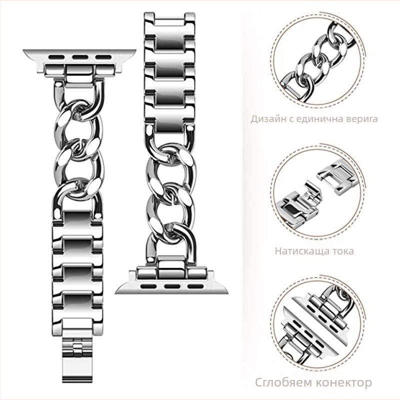 Подходящ за Apple Watch Малка каишка от неръждаема стомана в стил Chanel, дънкова верижка, метална каишка за Apple.