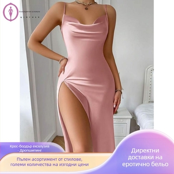 Европейски и американски трансгранични дамски чист секс секси съблазняване ледена коприна секс висока разделителна пола с гол гръб презрамка домашни дрехи пижами