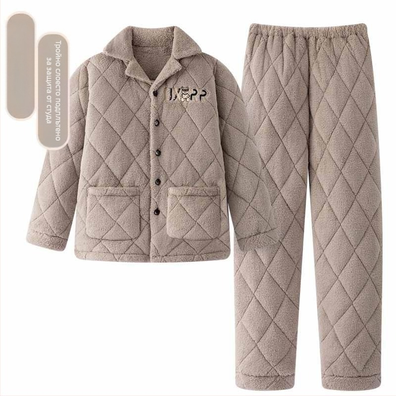 2024 Есенно-зимна пижама Мъжки домашни дрехи Коралов полар с поларна подплата Удебелен мъжки костюм Топъл и удобен фланелен костюм