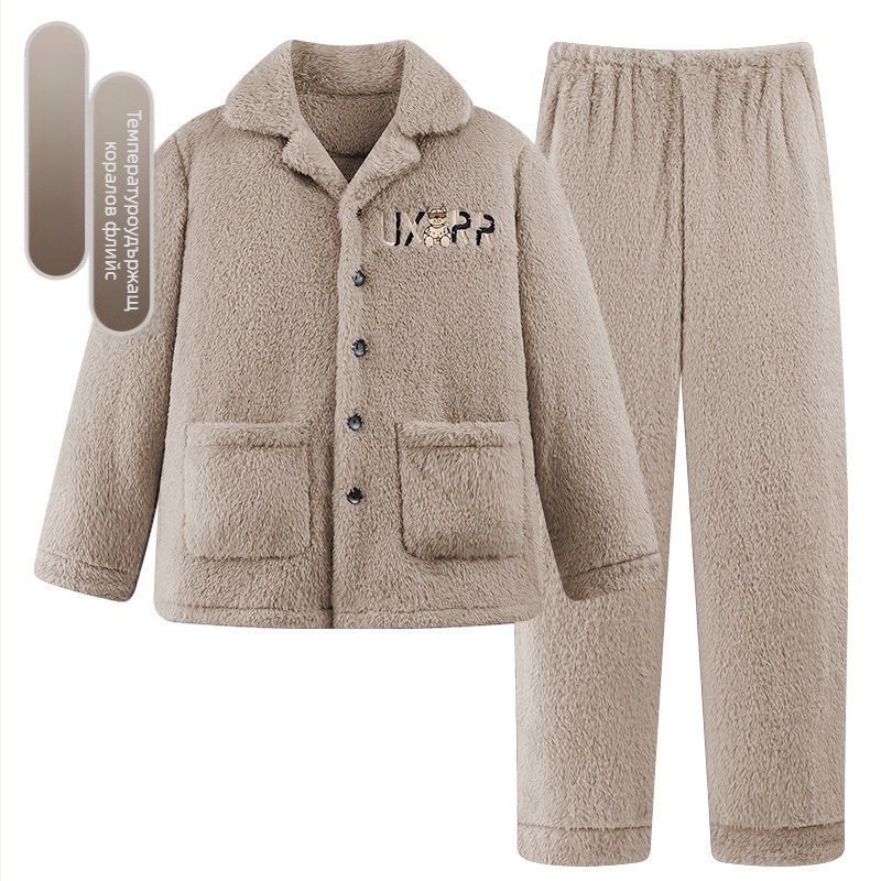 2024 Есенно-зимна пижама Мъжки домашни дрехи Коралов полар с поларна подплата Удебелен мъжки костюм Топъл и удобен фланелен костюм