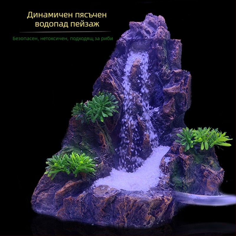 Креативен голям аквариум пейзаж алпинеум плаващи пясъци водопад планина имитация естествен камък форма естествен динамичен пейзаж