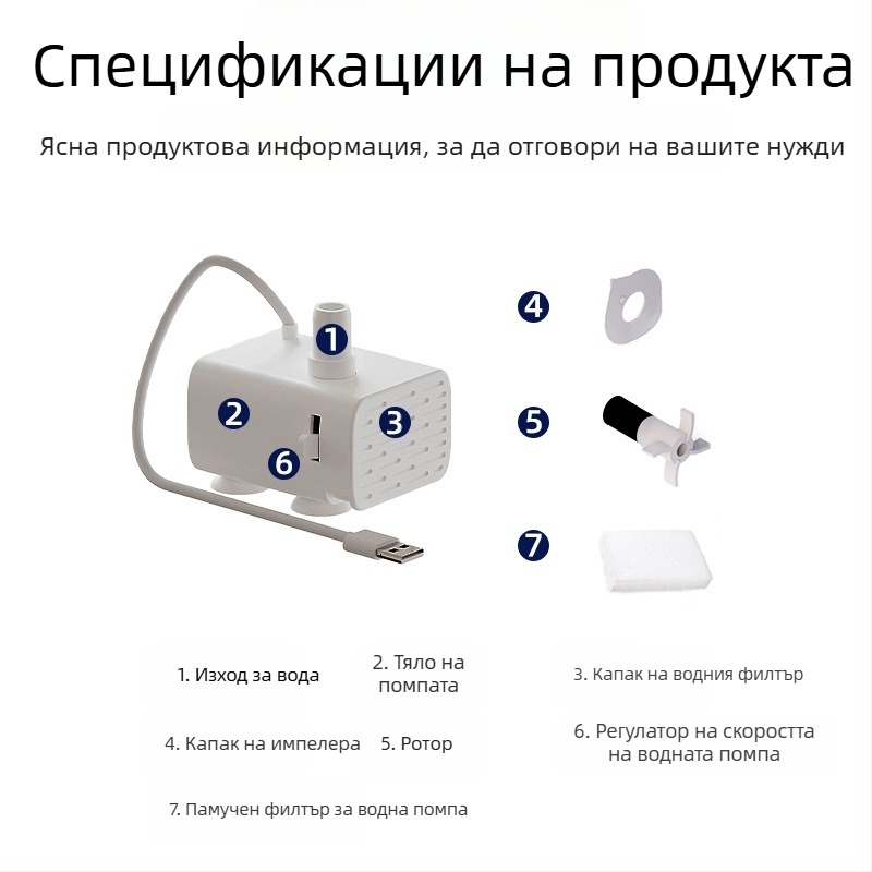 Аксесоари за диспенсъри за вода за домашни любимци, водна помпа, USB5V с памук и светлина, регулируем дебит на водата, изключване на водата, безшумна, безчеткова