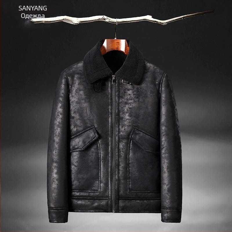 Зимно кожено яке от велур с интегрирана поларена подплата, удебелено кожено яке за мъже, кожено яке от агнешка кожа за мотоциклети на едро