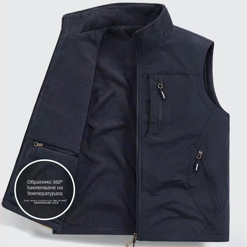 Двустранен удебелен жилет от полар, с джоб от полар и подплата от полар, за мъже на открито, плюс размер, жилетка без ръкави