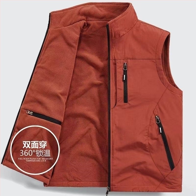 Двустранен удебелен жилет от полар, с джоб от полар и подплата от полар, за мъже на открито, плюс размер, жилетка без ръкави