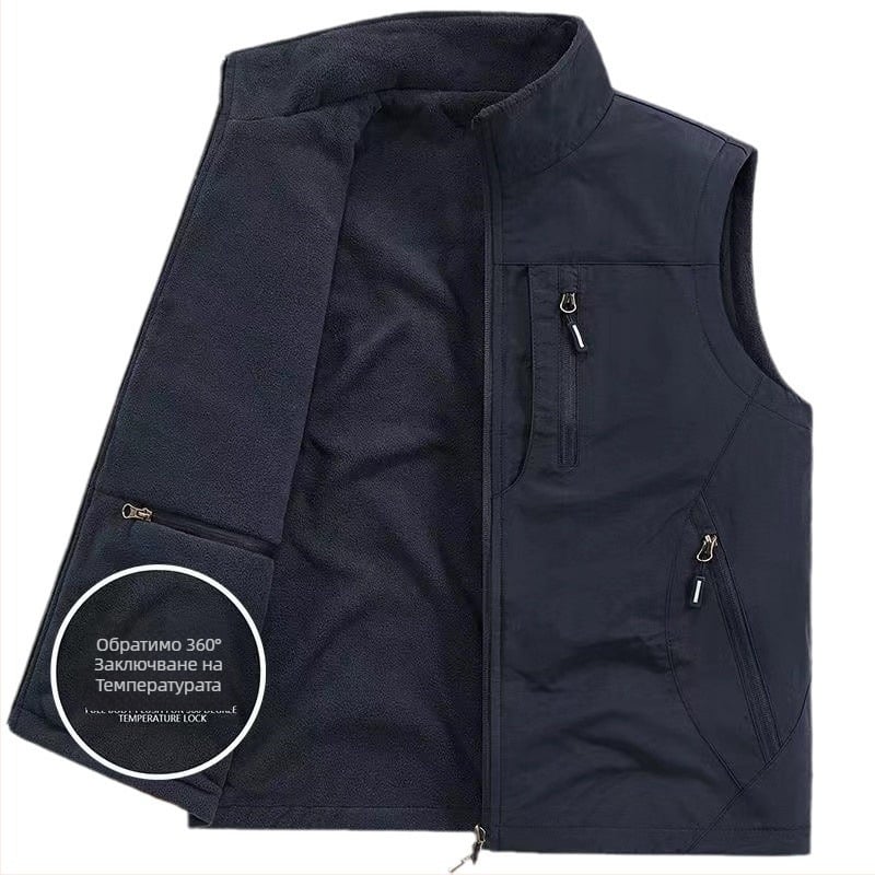 Двустранен удебелен жилет от полар, с джоб от полар и подплата от полар, за мъже на открито, плюс размер, жилетка без ръкави