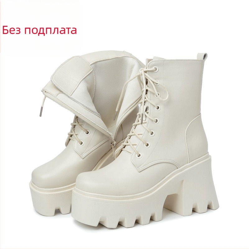 Дамски обувки с дебела подметка, ултра висок ток и памучна подплата, увеличаващи височината, ботуши Martin, дамски ботуши от естествена кожа с връзки и памучна подплата, еднослойни ботуши тип „цигарена тръба“.