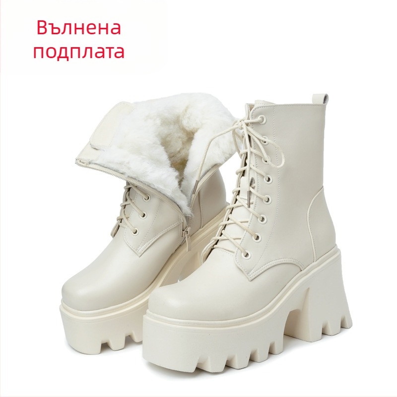 Дамски обувки с дебела подметка, ултра висок ток и памучна подплата, увеличаващи височината, ботуши Martin, дамски ботуши от естествена кожа с връзки и памучна подплата, еднослойни ботуши тип „цигарена тръба“.