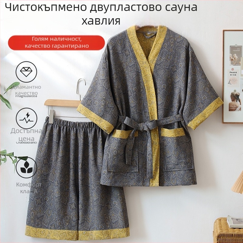 Трансграничен чист памучен двуслоен жакардов костюм за пот, хотелски халат, физиотерапевтичен костюм, масажен сауна костюм, двоен бански костюм на едро