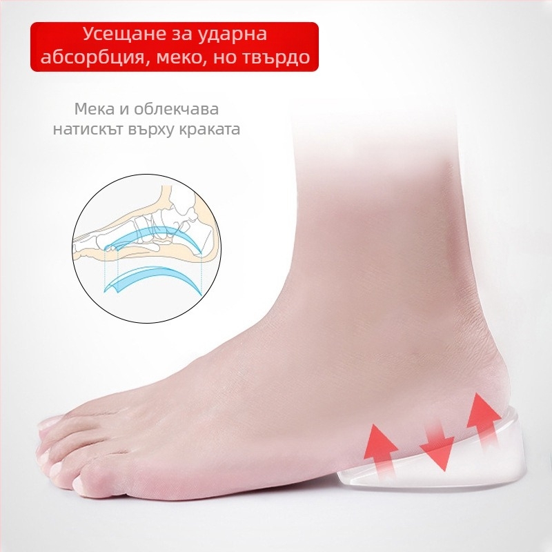 Производител на едро Унисекс прозрачни амортизиращи неплъзгащи се меки миещи се силиконови стелки с половин размер на ток, увеличаващи височината на токчето, удобни