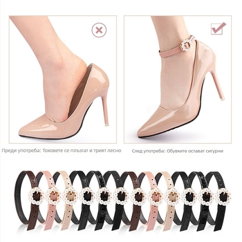 Обувки на висок ток с дантела, кръгла перлена катарама, противоударна пета около глезена, противоударна перлена дантелена каишка за обувки