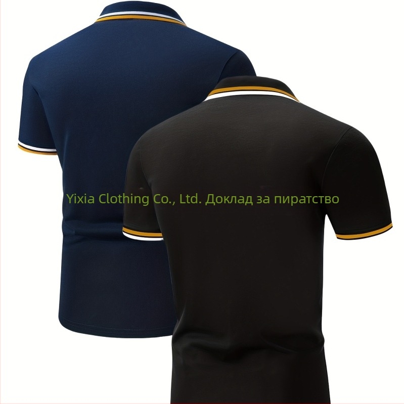 Комплект мъжки ризи с къс ръкав и контрастна яка - лек полиестер, меко синьо и розово