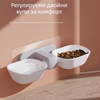 Стенна купа за котки без пробиване, за предотвратяване на преобръщане и защита на шийните прешлени, купа за котешка храна, автоматична висяща двойна купа за питейна вода за котки и домашни любимци
