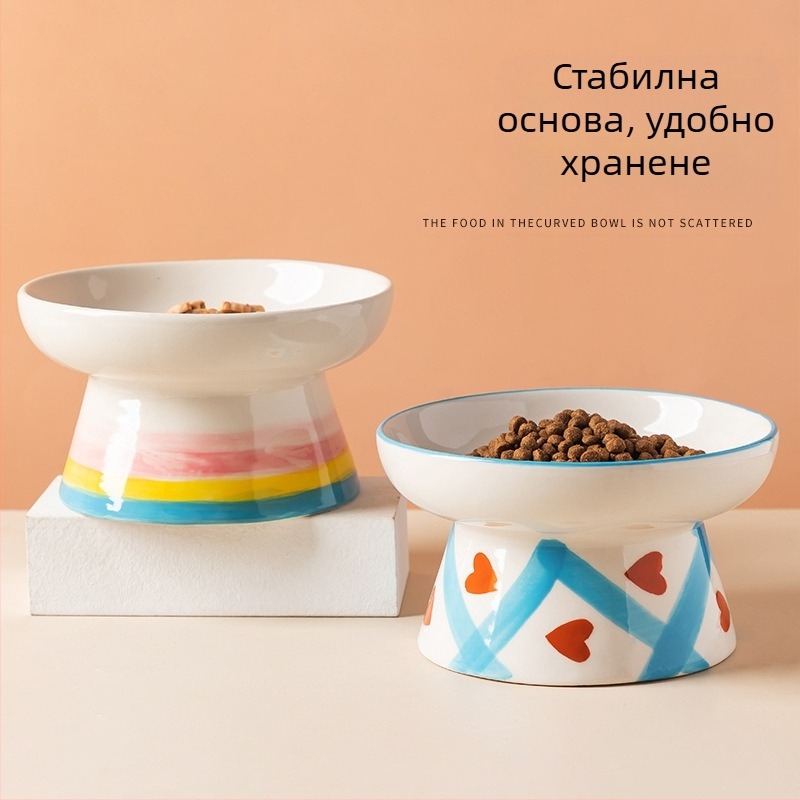 Сладка котешка купа в стил Ins, керамична купа с висок крак, предпазител за врата, наклонена купа за кучета, купа за храна и пиене, анти-ударяща купа за домашни любимци