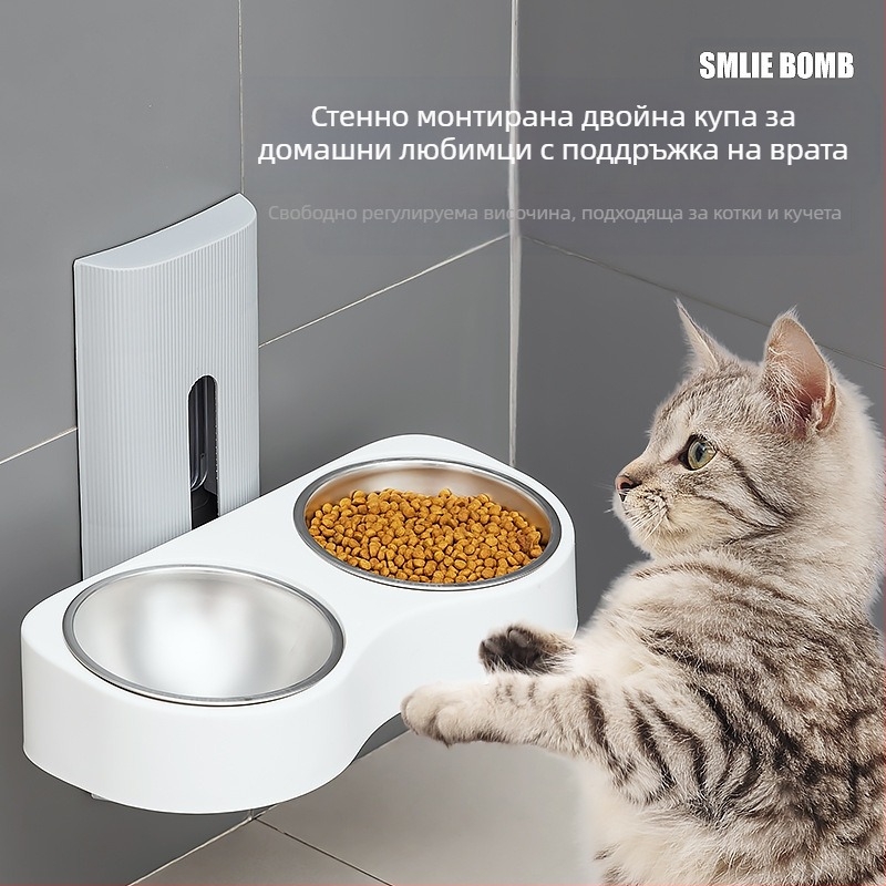 Повдигаща се купа за хранене на котки, Нова хранилка за питейна вода три в едно, Лежанка за котешка храна, Купа за ориз за котки, Вградена хранилка