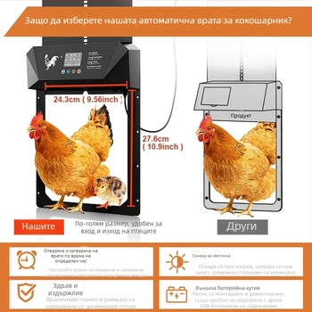 Голяма трансгранична интелигентна електрическа врата за кокошарници, светлочувствителна, анти-щипваща, водоустойчива, суха батерия, многофункционална врата за домашни птици