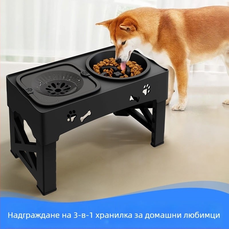 Хранилка за домашни любимци от неръждаема стомана с двойна купа, вградена повдигаща се, антидетонираща, висока защита на шията на краката, бавно хранене, купа за домашни любимци на едро