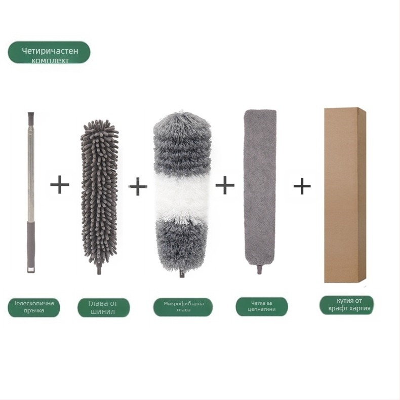 Фабрично нова, еднополюсна двуглава четка за почистване на таван от микрофибър, удължена, от шенил, с пера