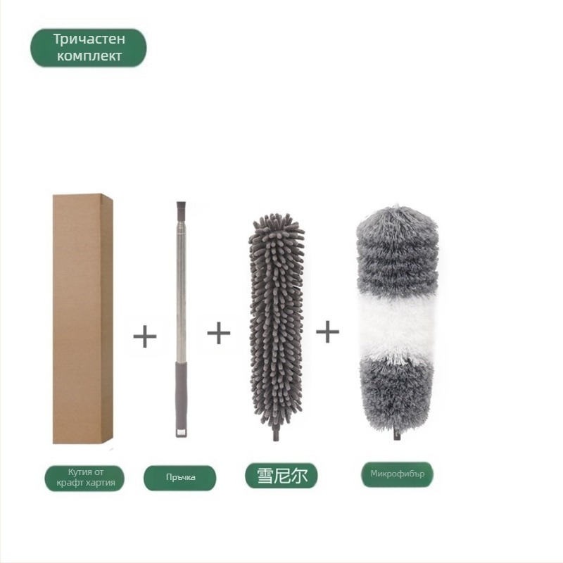 Фабрично нова, еднополюсна двуглава четка за почистване на таван от микрофибър, удължена, от шенил, с пера