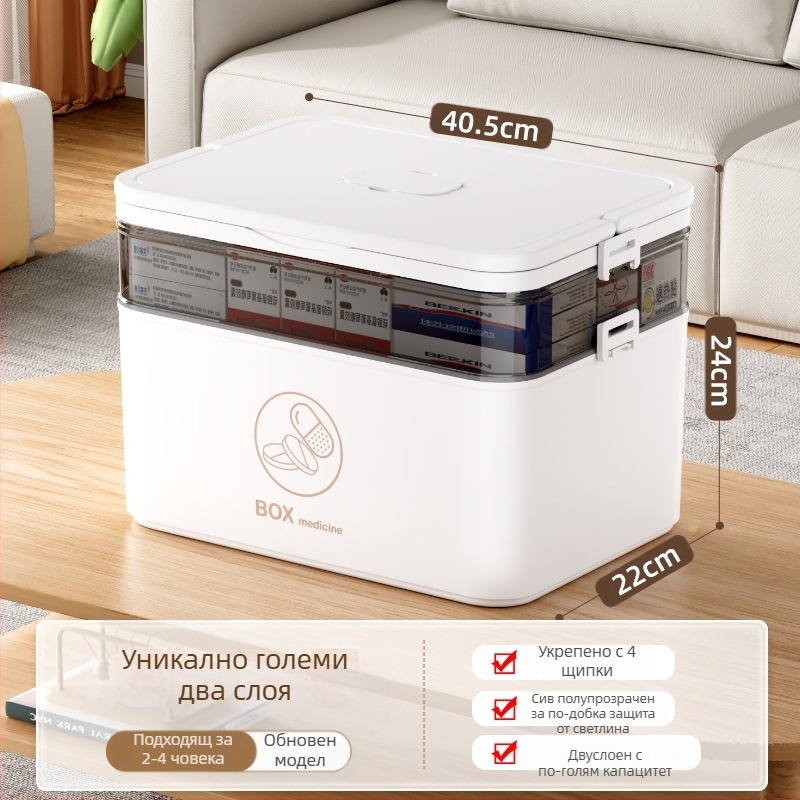 Голяма кутия за лекарства за домакинство на едро, многослойна кутия за съхранение на медицински принадлежности, преносима кутия за лекарства за първа помощ