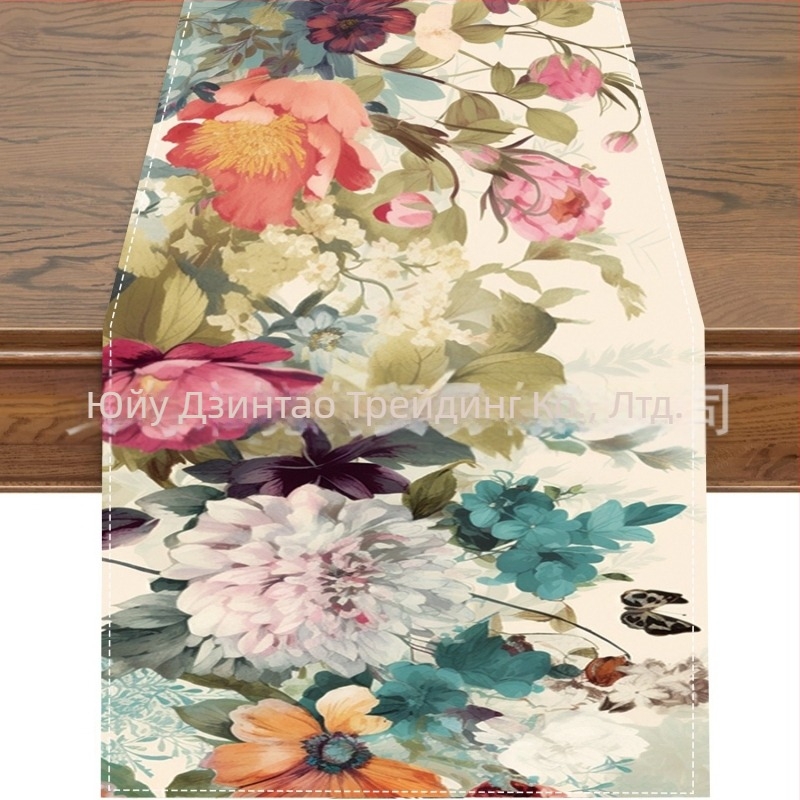 2024 Трансграничен нов ленен пътека за маса Пролет и лято Цвете Дом Ресторант Хол Трапезна маса Закрит Външен Декоративен пътека за маса