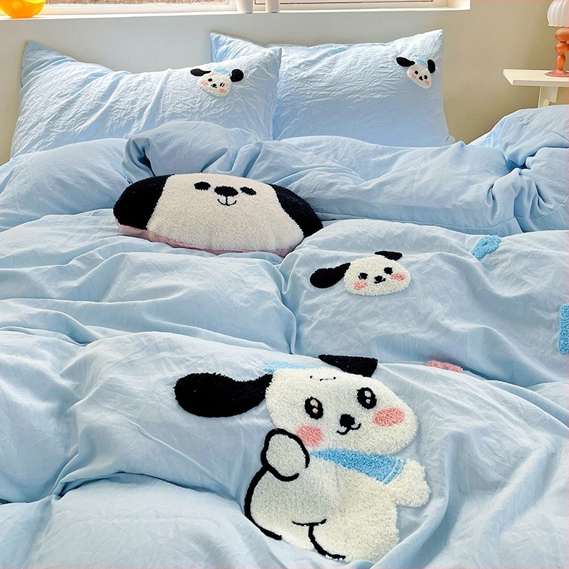 Комплект от четири части за супер мека памучна кърпа с бродерия от клас А, едноцветен памучен калъф за завивка, комплект от три части за студентски общежития