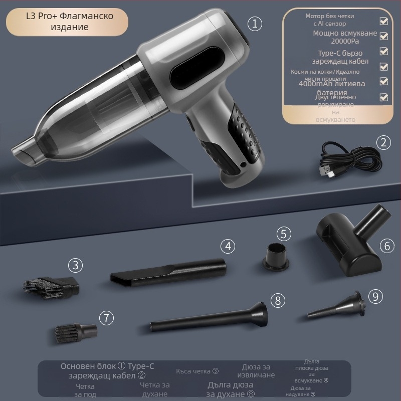 Прахосмукачка за кола, с двойно предназначение за кола и дом, безжична, ръчна, акумулаторна, мощна, малка, мини, мощна функция за издухване, преносима прахосмукачка