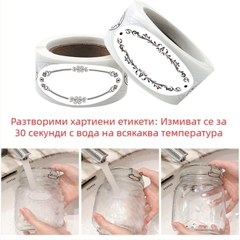 Трансгранично налично ръкописно биоразградими разтворими бутилки и консерви за храна с празно лого с овален стикер за класификация