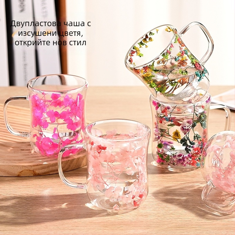 Нова трансгранична креативна двуслойна чаша за сушени цветя, офис, висококачествена креативна малка мъжка чаша за кафе с талия, домашна чаша за мляко