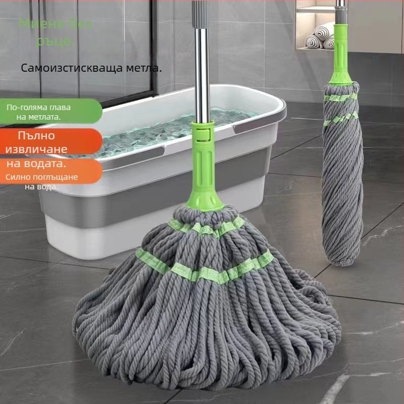 Въртящ се моп Bicaso, домакински, безръкохватков, издръжлив, сменяем накрайник за моп, мокър и сух, с двойна употреба