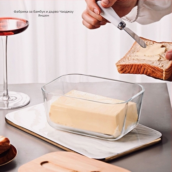 Прозрачна стъклена кутия за масло с бамбуков капак и нож, керамичен буркан за масло, кутия за масло, хладилник с прясно сирене