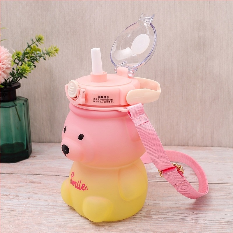 Детска висококачествена чаша за мече, сладка студентска чаша 1L, чаша за пиене с каишка, голяма вместимост, градиентна пластмасова чаша за вода
