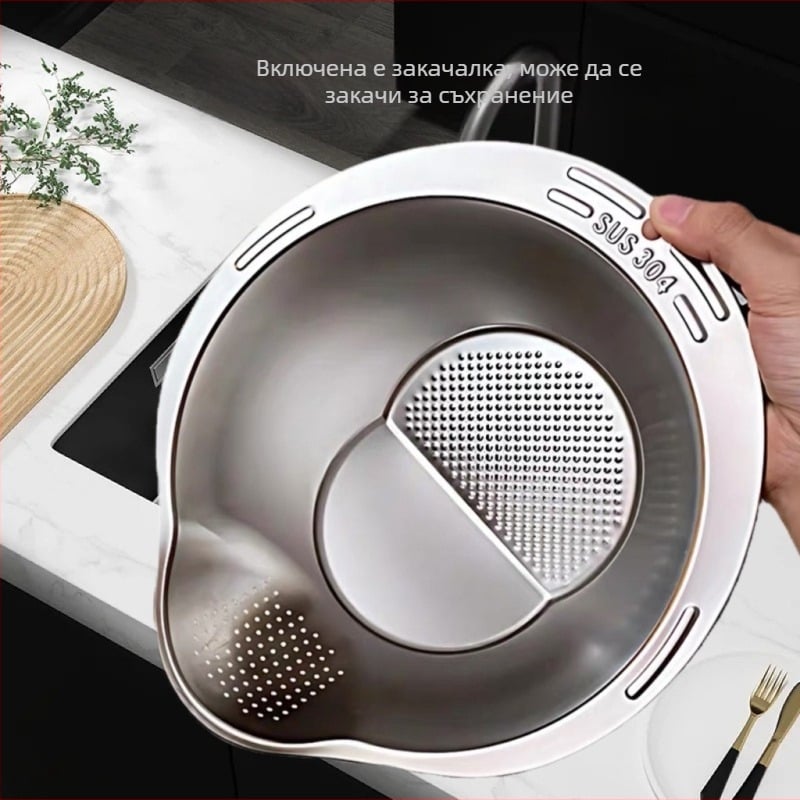 304 Кухненски леген за ориз от неръждаема стомана, хранителен клас, леген за плодове и зеленчуци, перфориран ориз с сито и наклонено дъно, многофункционален леген