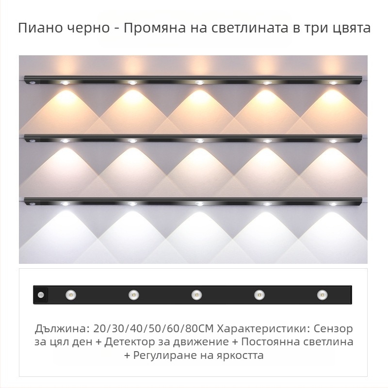 Умна LED светлина със сензор за човешко тяло, котешко око, Hill Light Strip, акумулаторна самозалепваща се светлинна лента за гардероб, преносима светлинна лента за шкаф за вино
