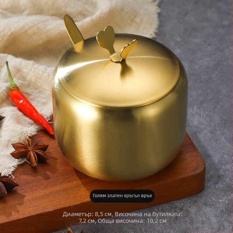 Буркан за подправки от неръждаема стомана в корейски стил, кухненски буркан за чили и соев сос, солница с лъжица, кутия за подправки, креативен златен буркан