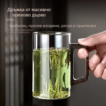 Стъклена чаша, чаша за зелен чай, японска чаша за чай с дръжка, чаша за чай, устойчива на висока температура офис питейна вода, чаша с дървена дръжка, устойчива на изгаряне