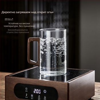 Стъклена чаша, чаша за зелен чай, японска чаша за чай с дръжка, чаша за чай, устойчива на висока температура офис питейна вода, чаша с дървена дръжка, устойчива на изгаряне