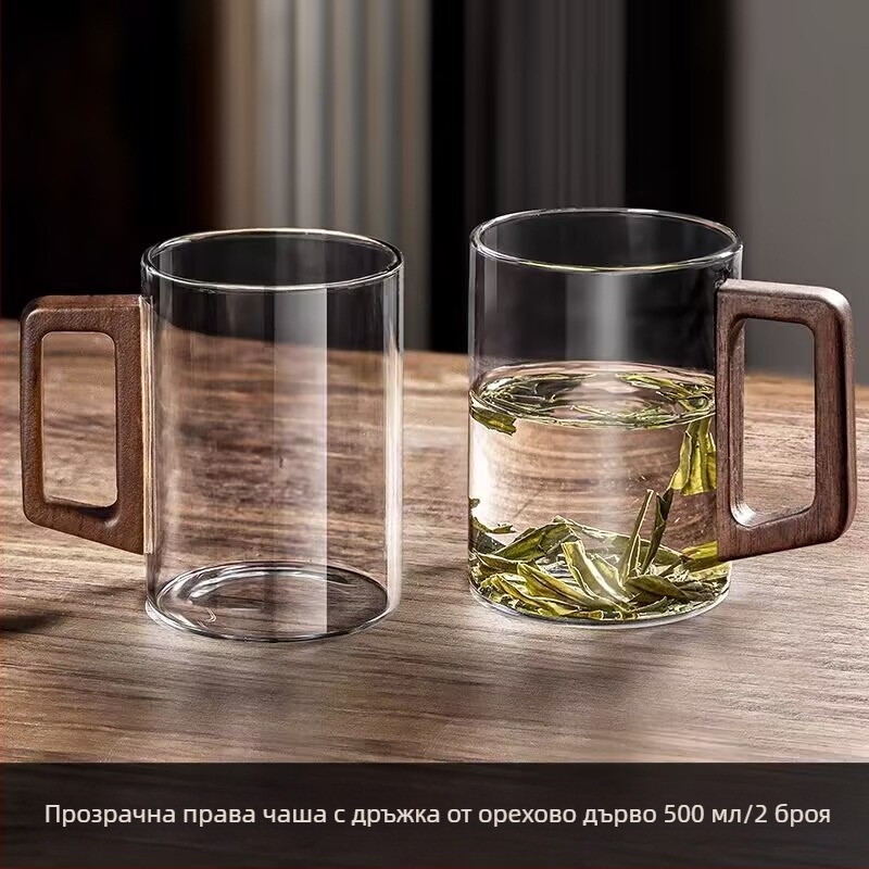 Стъклена чаша, чаша за зелен чай, японска чаша за чай с дръжка, чаша за чай, устойчива на висока температура офис питейна вода, чаша с дървена дръжка, устойчива на изгаряне