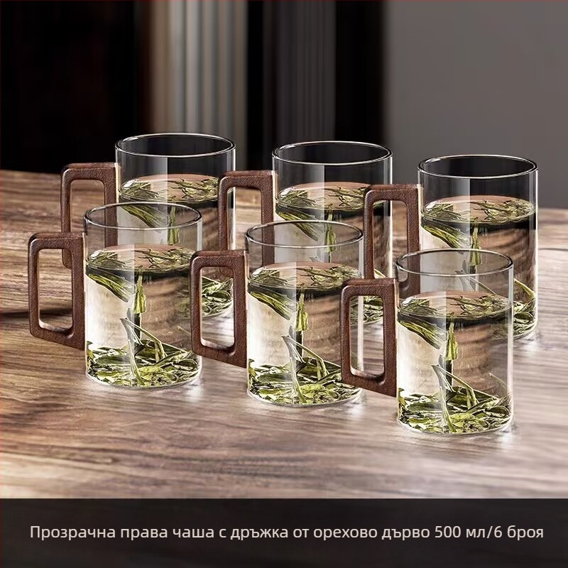 Стъклена чаша, чаша за зелен чай, японска чаша за чай с дръжка, чаша за чай, устойчива на висока температура офис питейна вода, чаша с дървена дръжка, устойчива на изгаряне