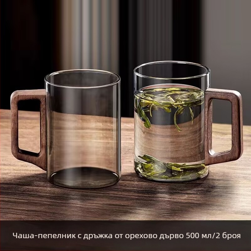 Стъклена чаша, чаша за зелен чай, японска чаша за чай с дръжка, чаша за чай, устойчива на висока температура офис питейна вода, чаша с дървена дръжка, устойчива на изгаряне