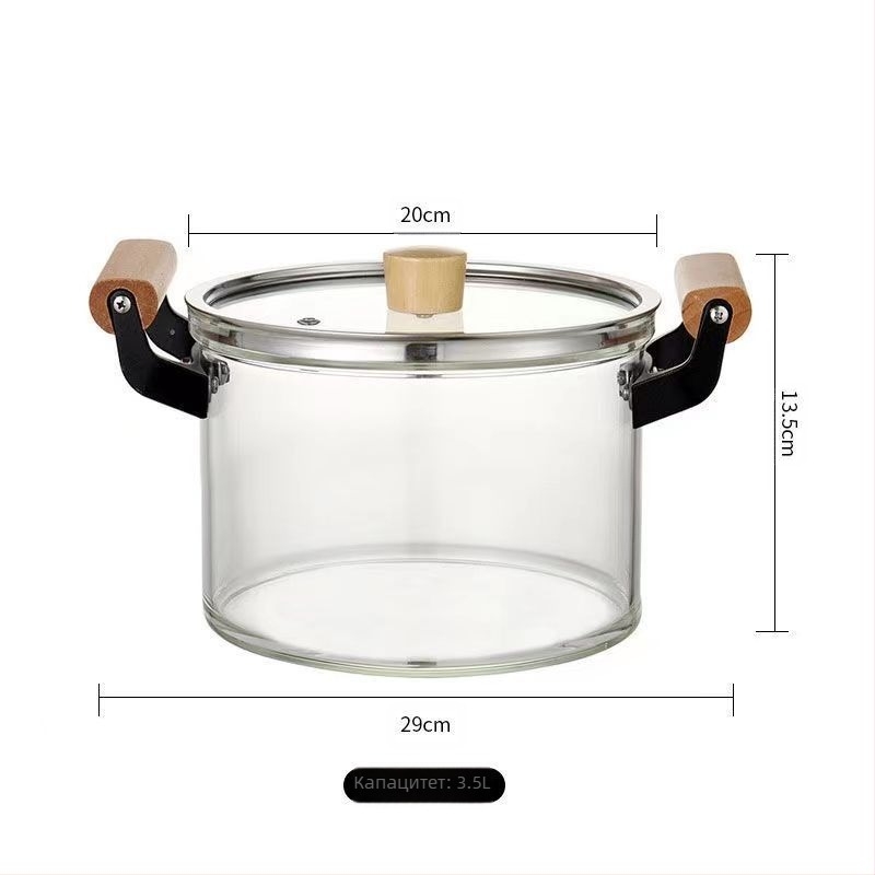 Стъклена тенджера, високо боросиликатно стъкло, тенджера за супа, тенджера за яхния с дървена дръжка, тенджера за мляко с капак, поддържа Temu Dropshipping, тенджера с двойно ухо, отворен пламък