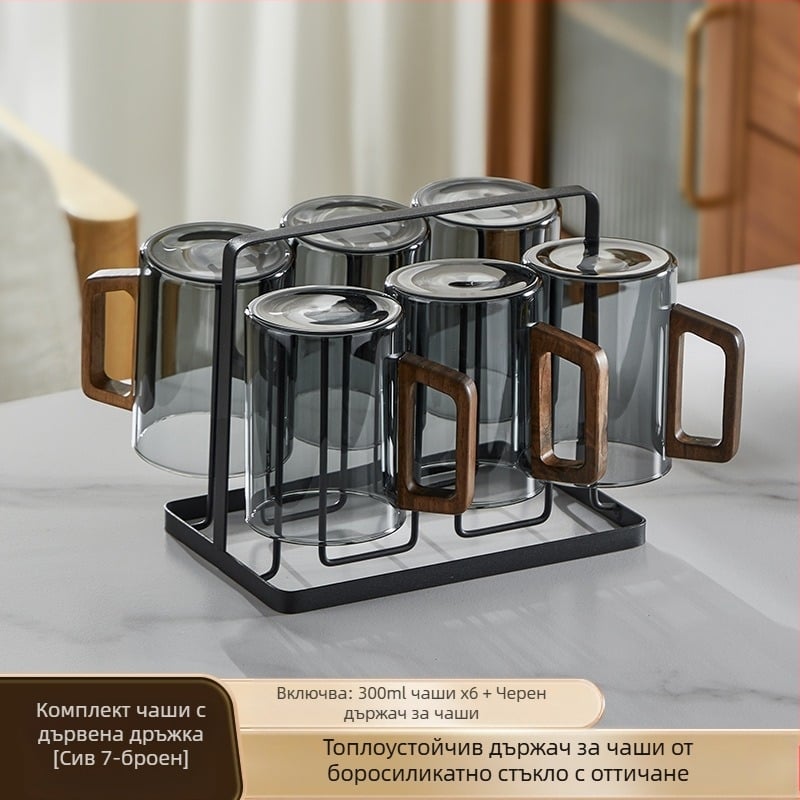 Производител на едро стъклена чаша за чай с дръжка чаша за зелен чай домакинска термоустойчива стъклена чаша китайска дървена дръжка чаша за мастило висок клас гост